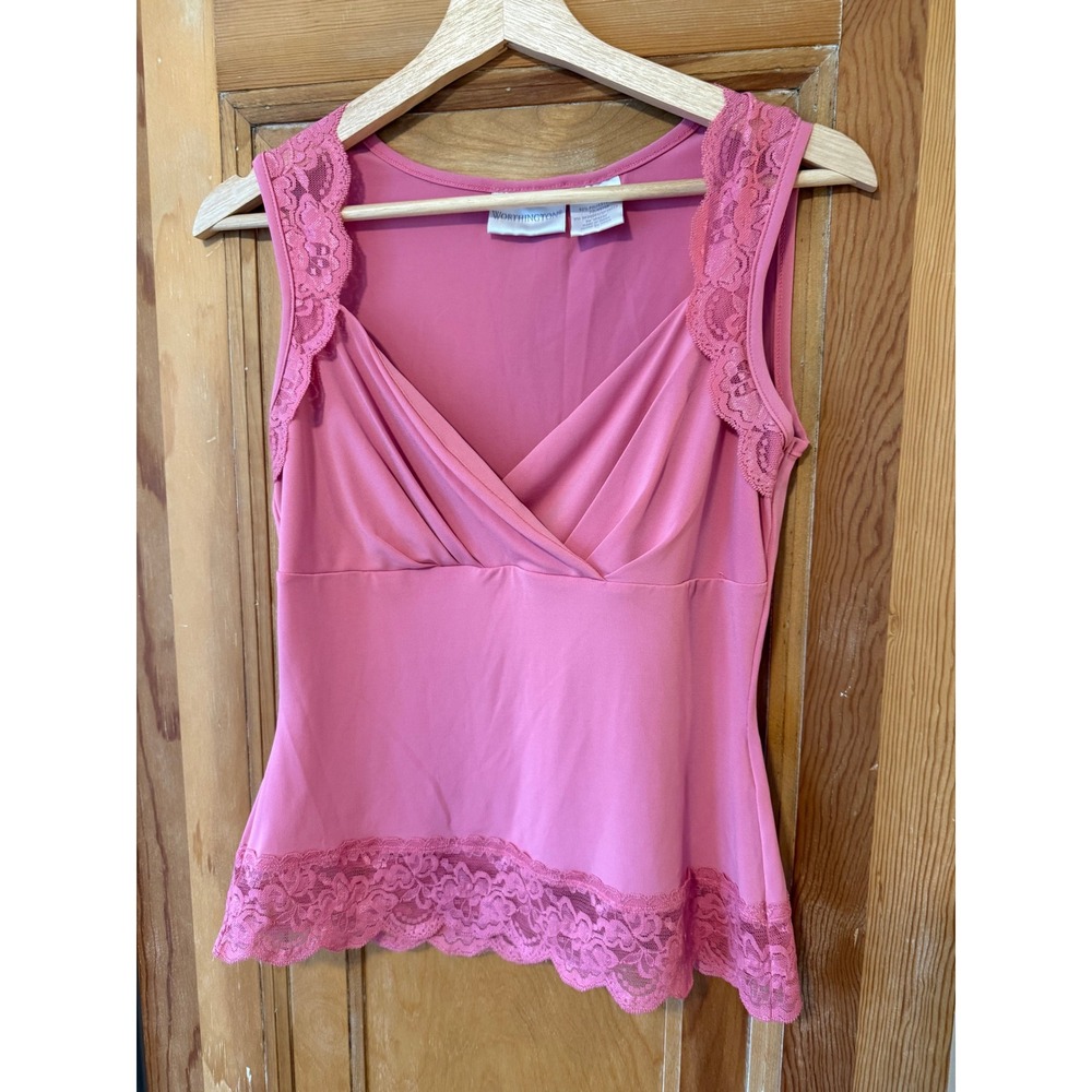 Worthington Pink Lace Trim Sleeveless Surplice V-Neck Blouse Top Small